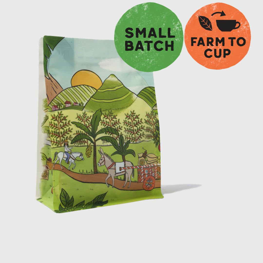 Highly decorated bag of Australian Skybury coffee beans