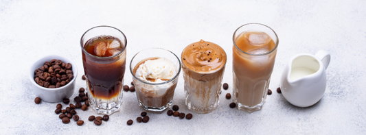 Line up of summer coffee drink ideas on a white background.