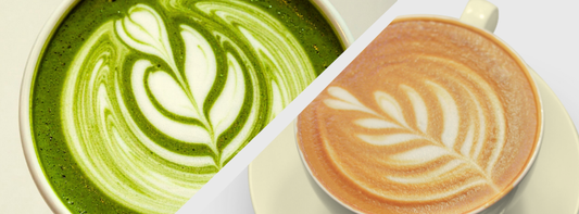 side by side latte and matcha to display Does Matcha Have More Caffeine Than Coffee?